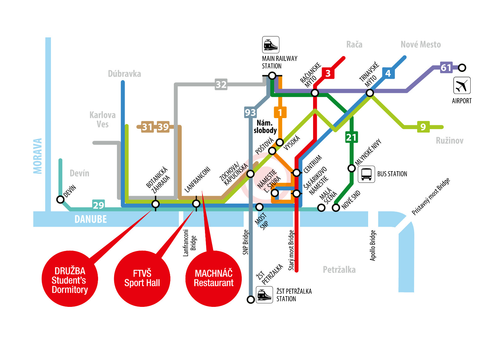 Mapa MHD - trasy k Družbe, FTVŠ a Machnáču